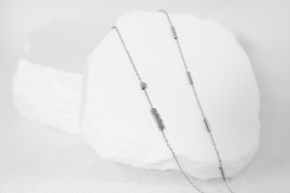 팔찌 圓柱體.小方塊雙層鍊 / 銀色