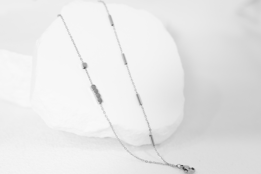 팔찌 圓柱體.小方塊雙層鍊 / 銀色