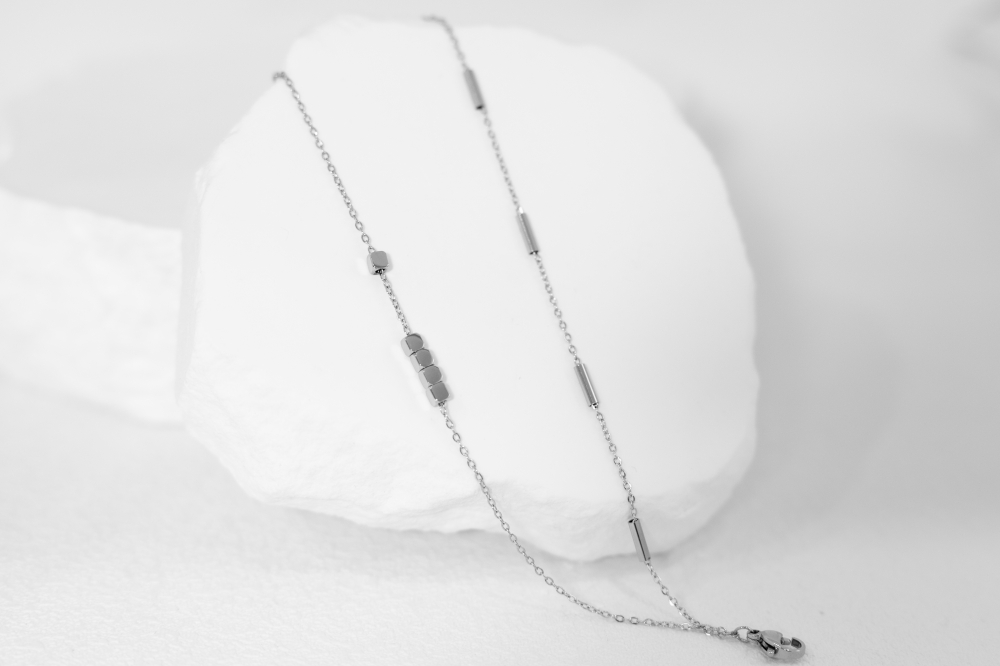 팔찌 圓柱體.小方塊雙層鍊 / 銀色