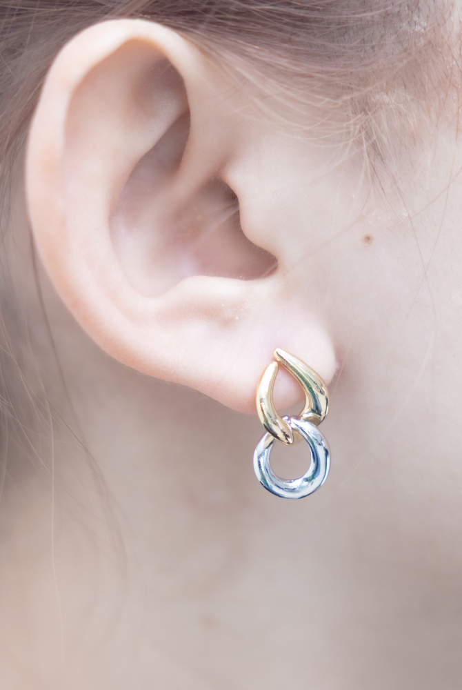 귀걸이 金銀雙色扁寬空心小水滴耳環