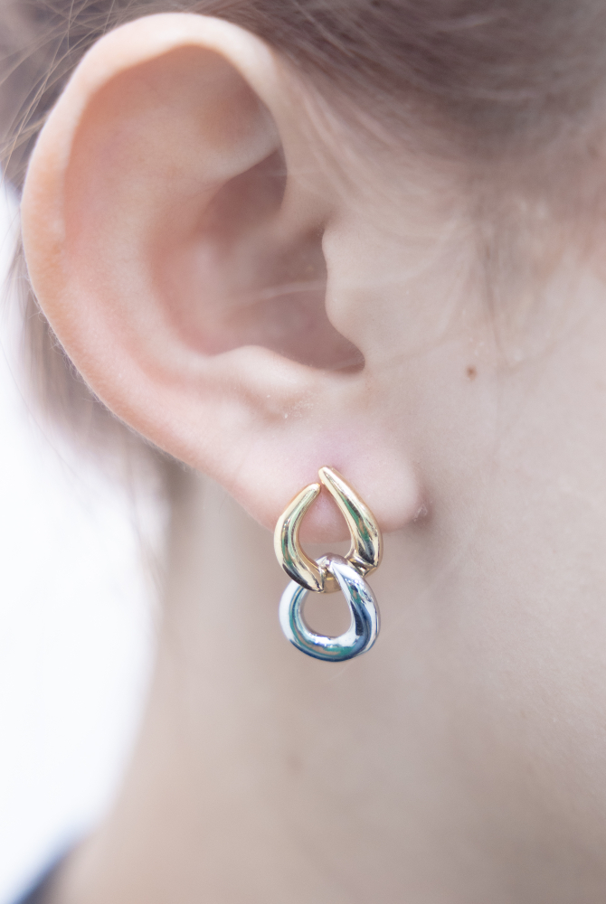 귀걸이 金銀雙色扁寬空心小水滴耳環