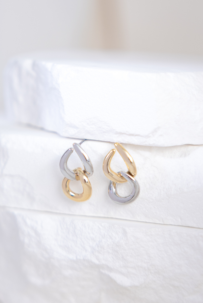 귀걸이 金銀雙色扁寬空心小水滴耳環