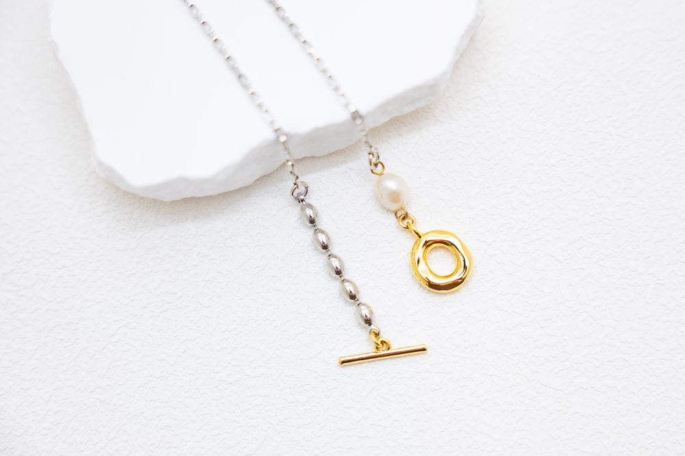 목걸이 圓珠珍珠OT扣威尼斯鍊 / 銀色