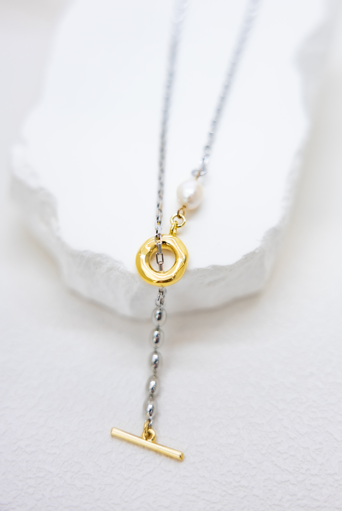 목걸이 圓珠珍珠OT扣威尼斯鍊 / 銀色