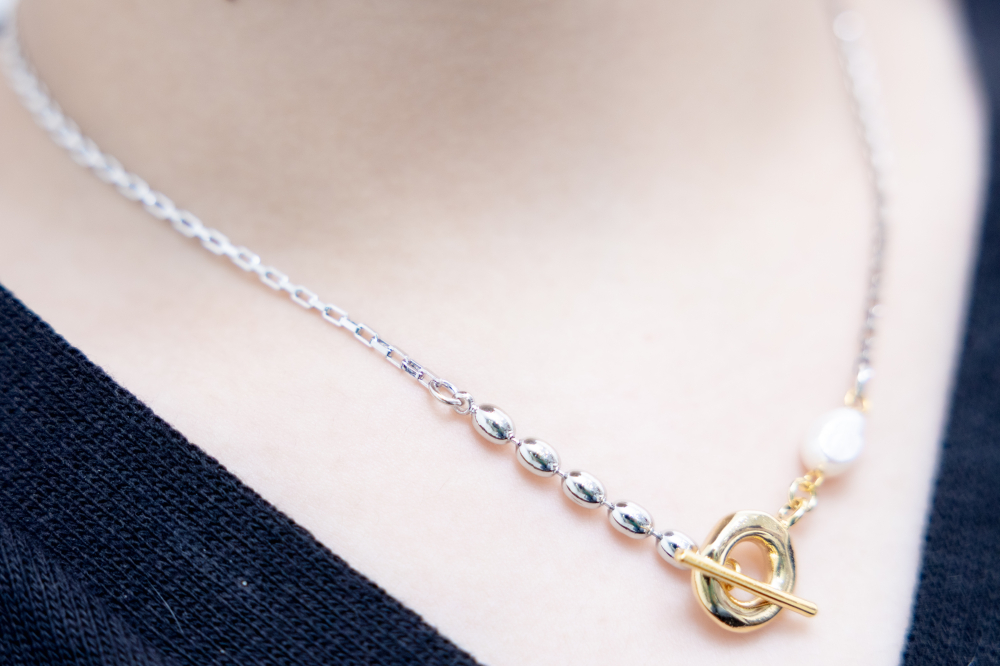 목걸이 圓珠珍珠OT扣威尼斯鍊 / 銀色