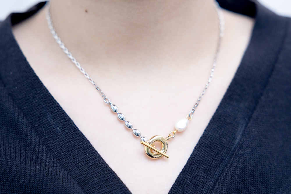 목걸이 圓珠珍珠OT扣威尼斯鍊 / 銀色