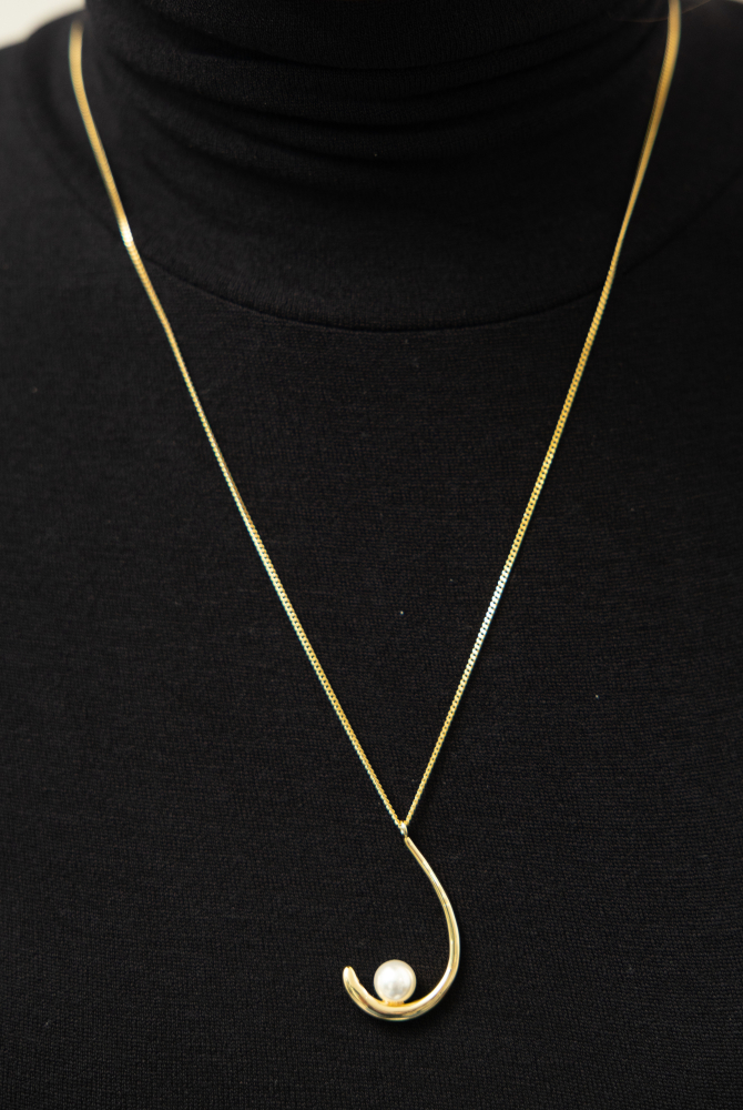 목걸이 垂掛金色圓勾單顆珍珠極細喜平鍊 / 金色