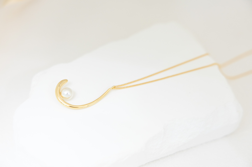 목걸이 垂掛金色圓勾單顆珍珠極細喜平鍊 / 金色