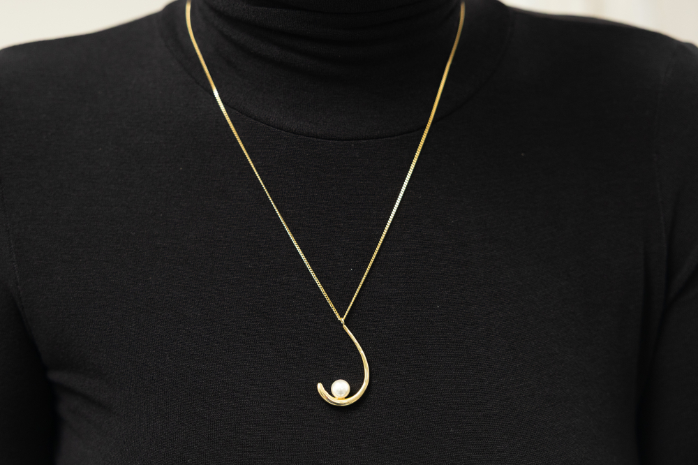 목걸이 垂掛金色圓勾單顆珍珠極細喜平鍊 / 金色