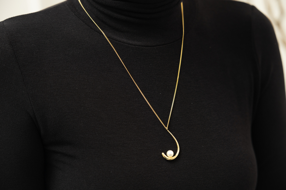 목걸이 垂掛金色圓勾單顆珍珠極細喜平鍊 / 金色