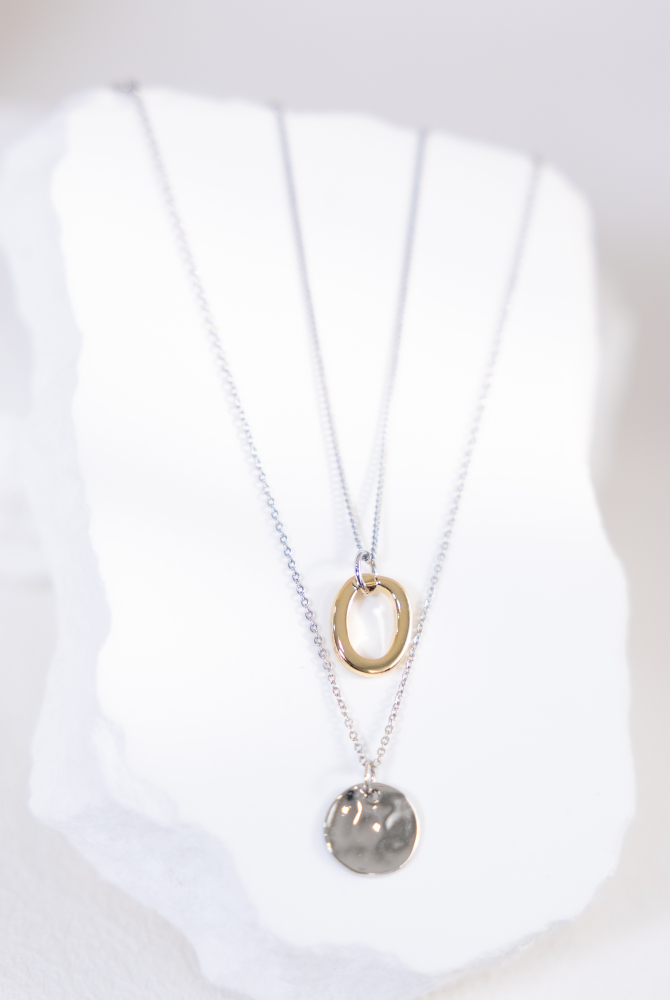 목걸이 金銀雙色橢圓圈細喜平鍊凹凸扁圓小豆鍊雙鍊