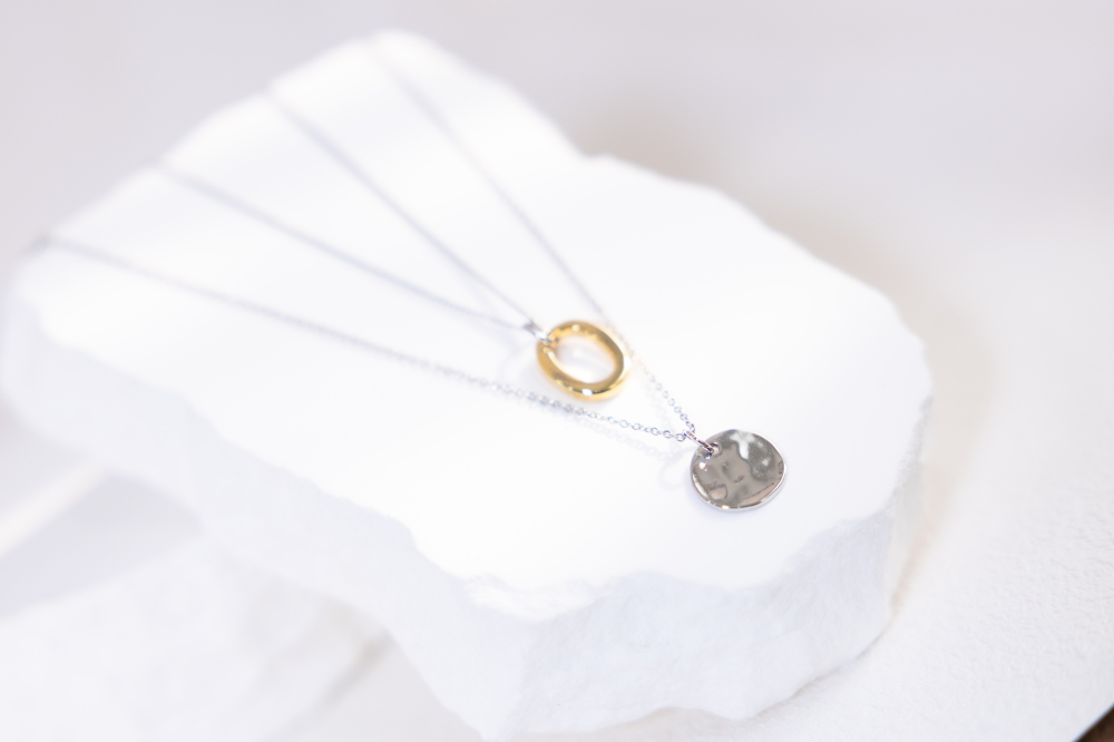 목걸이 金銀雙色橢圓圈細喜平鍊凹凸扁圓小豆鍊雙鍊