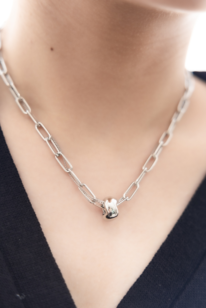 목걸이 甜甜圈狀圓圈束起雙層鍊 / 銀色