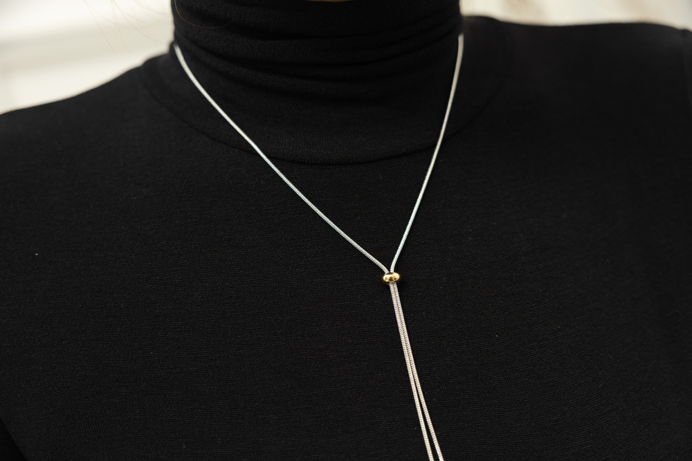 목걸이 金色橢圓珠調節Ｙ字極細蛇鍊 / 銀色