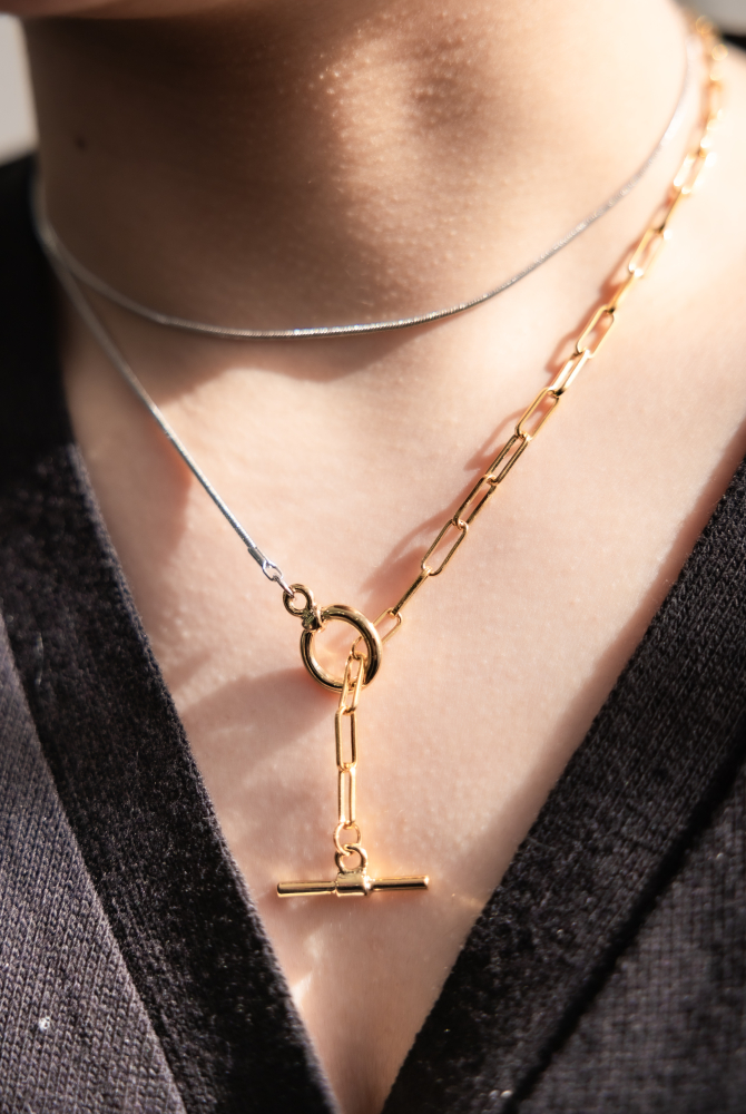 목걸이 金銀雙色橢圓鍊極細蛇鍊OT扣項鍊