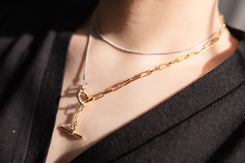 목걸이 金銀雙色橢圓鍊極細蛇鍊OT扣項鍊