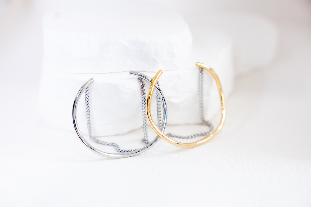 팔찌 細波浪造型喜平鍊雙層開口式手環 / 銀色