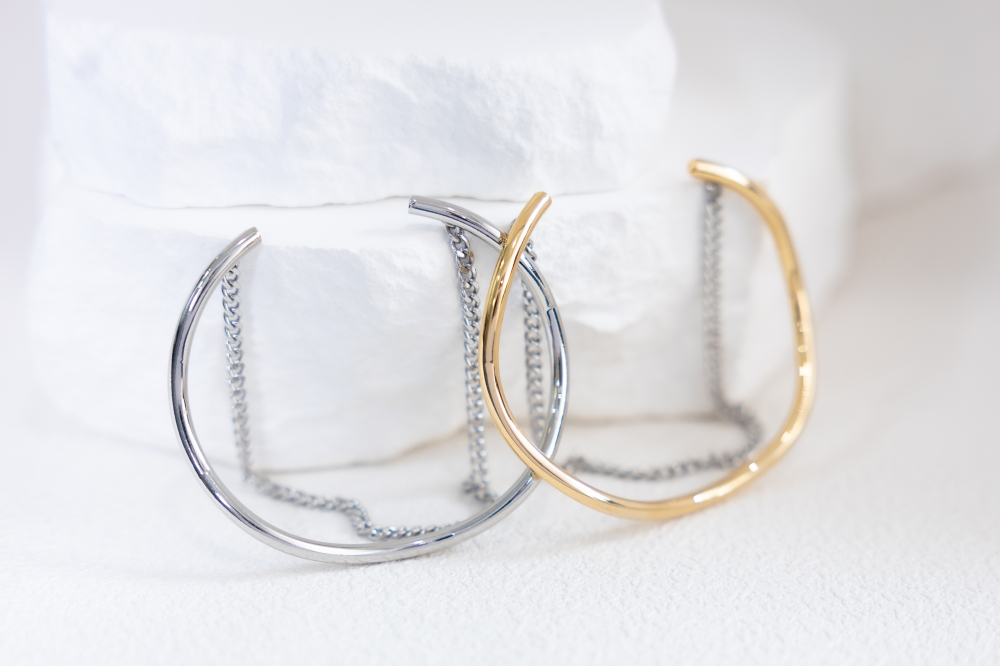 팔찌 細波浪造型喜平鍊雙層開口式手環 / 銀色