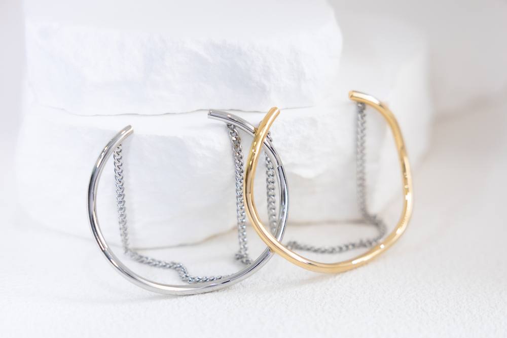 팔찌 細波浪造型喜平鍊雙層開口式手環 / 銀色