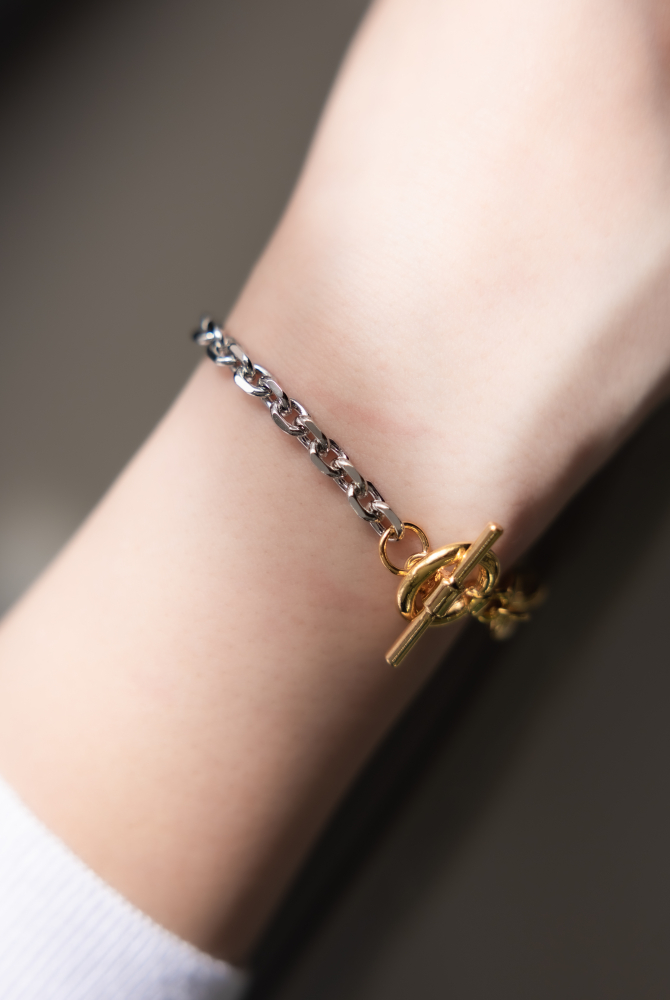 발찌 金銀雙色粗小豆鍊多個粗橢圓相連OT扣手鍊