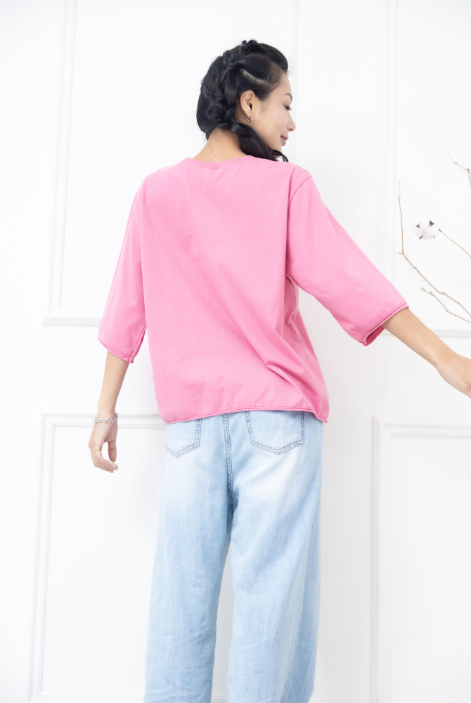 긴팔 左胸小口袋兩顆鈕扣寬版上衣 / 粉色