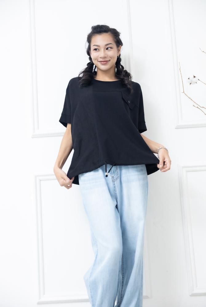 긴팔 左胸小口袋 一顆鈕扣寬版長袖上衣 / 黑色