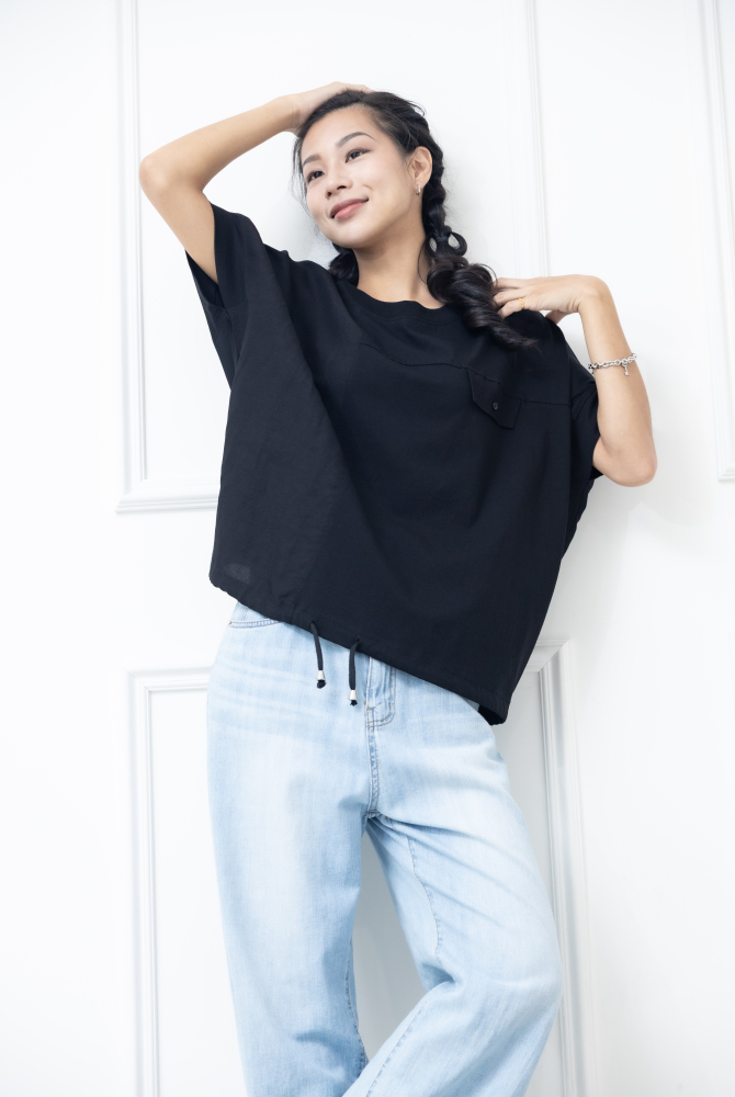 긴팔 左胸小口袋 一顆鈕扣寬版長袖上衣 / 黑色