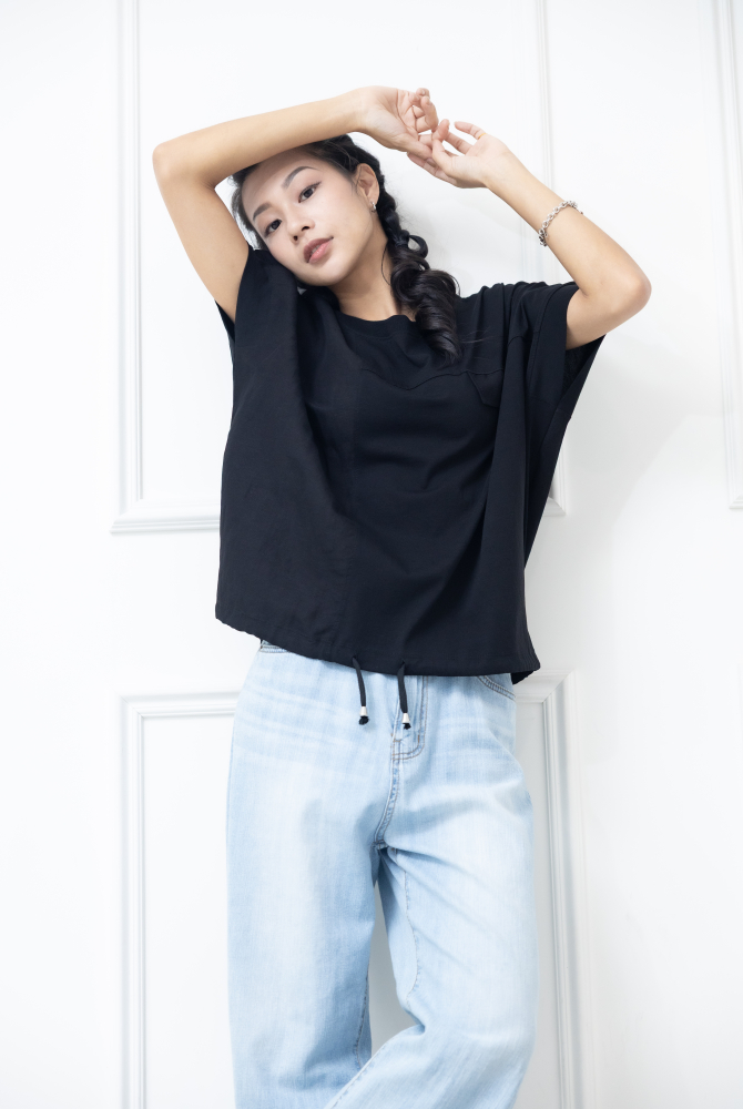 긴팔 左胸小口袋 一顆鈕扣寬版長袖上衣 / 黑色