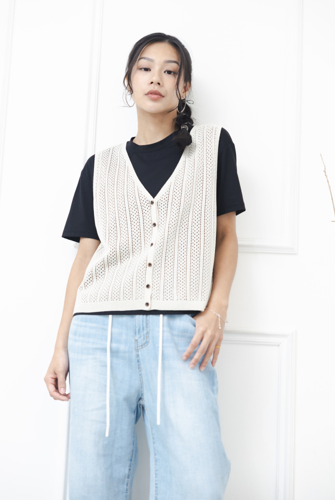 조끼 洞洞簍空全開襟背心 / 米色