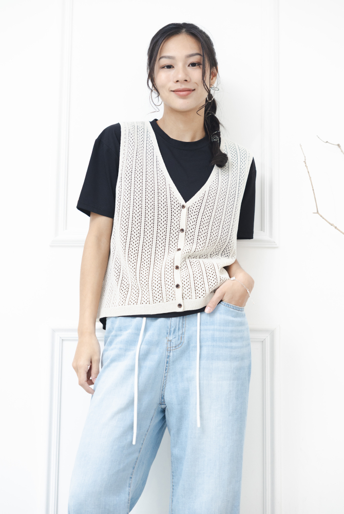 조끼 洞洞簍空全開襟背心 / 米色