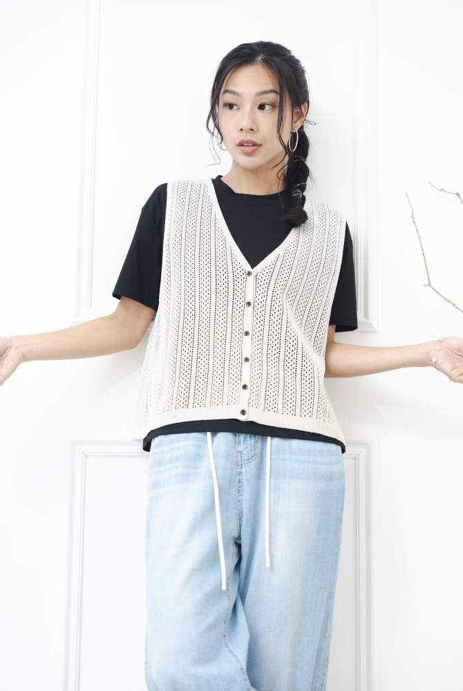 조끼 洞洞簍空全開襟背心 / 米色