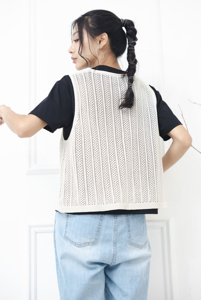 조끼 洞洞簍空全開襟背心 / 米色