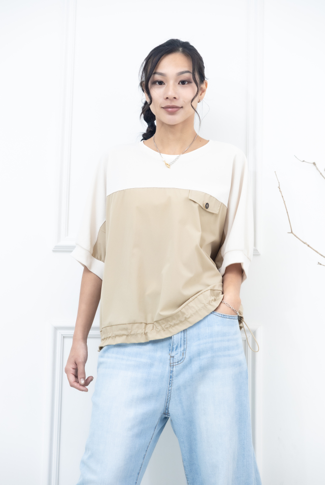 반팔 拚米色假口袋上衣 / 奶茶色