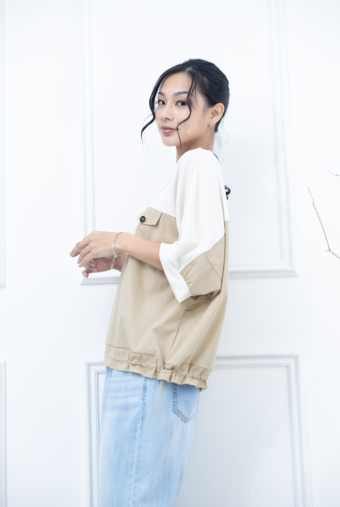 반팔 拚米色假口袋上衣 / 奶茶色