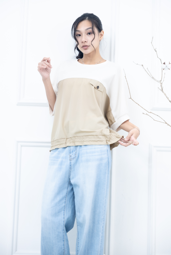 반팔 拚米色假口袋上衣 / 奶茶色