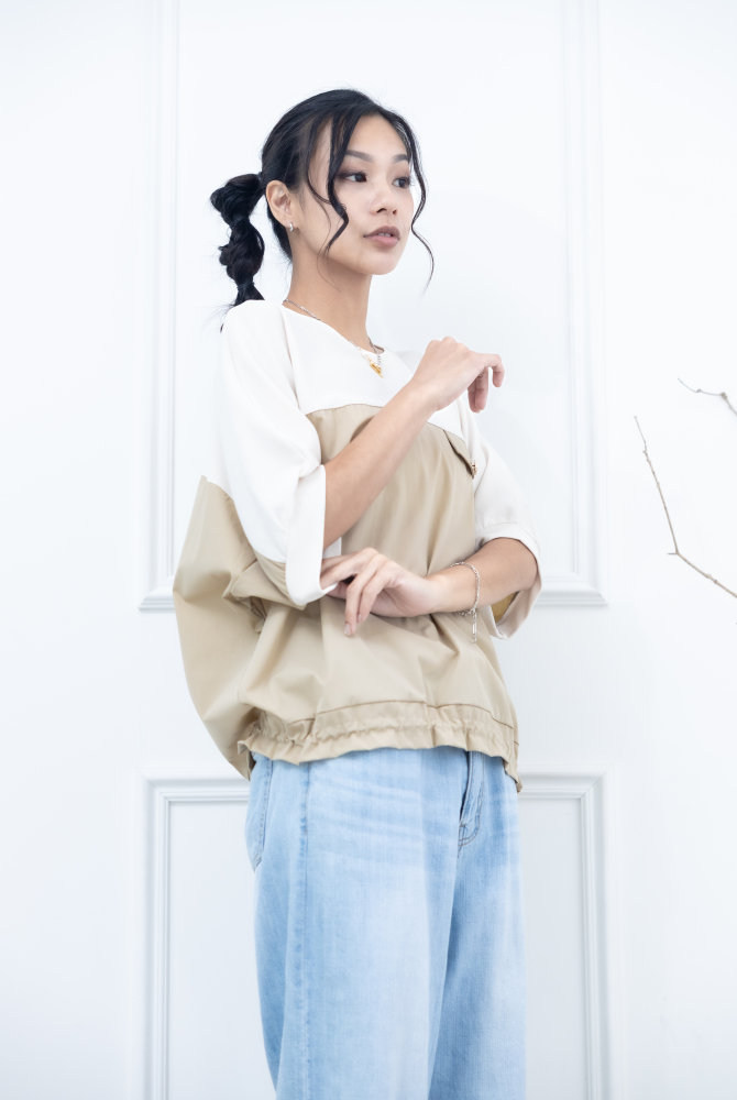 반팔 拚米色假口袋上衣 / 奶茶色