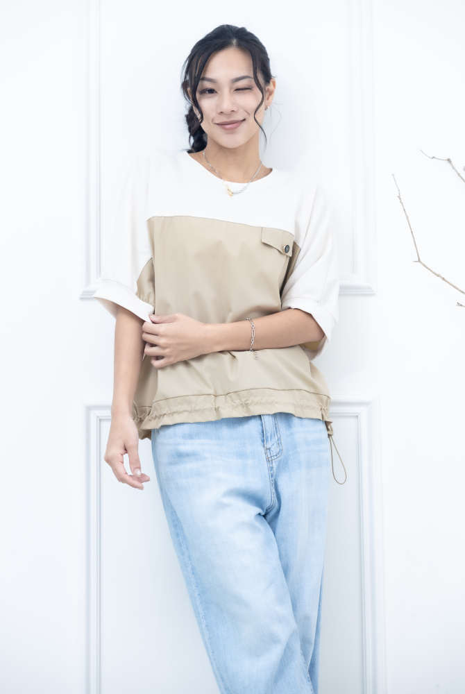 반팔 拚米色假口袋上衣 / 奶茶色