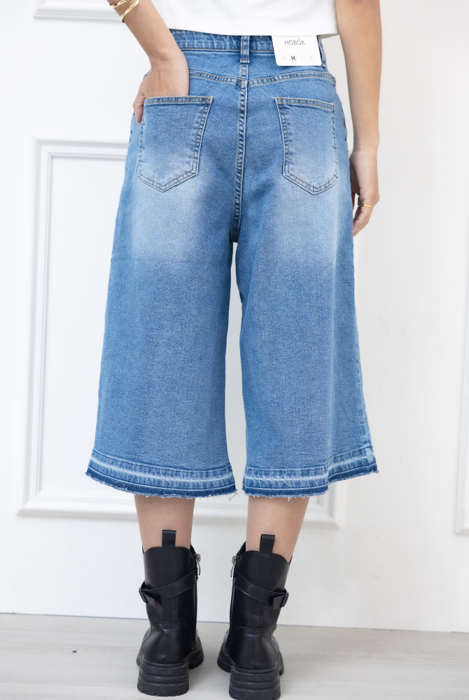 반바지 A字七分寬牛仔褲 / 藍色