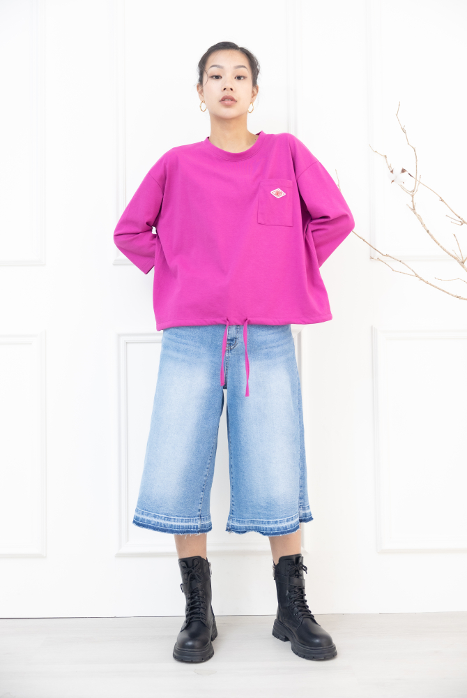 반바지 A字七分寬牛仔褲 / 藍色