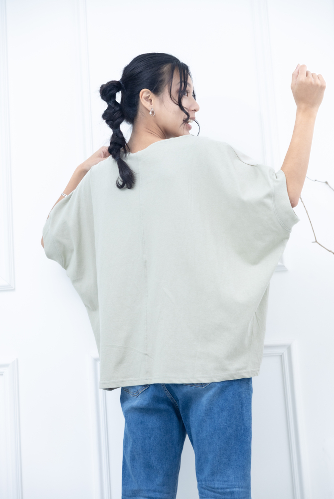 반팔 手繪方形迷宮短袖上衣 / 淺綠色