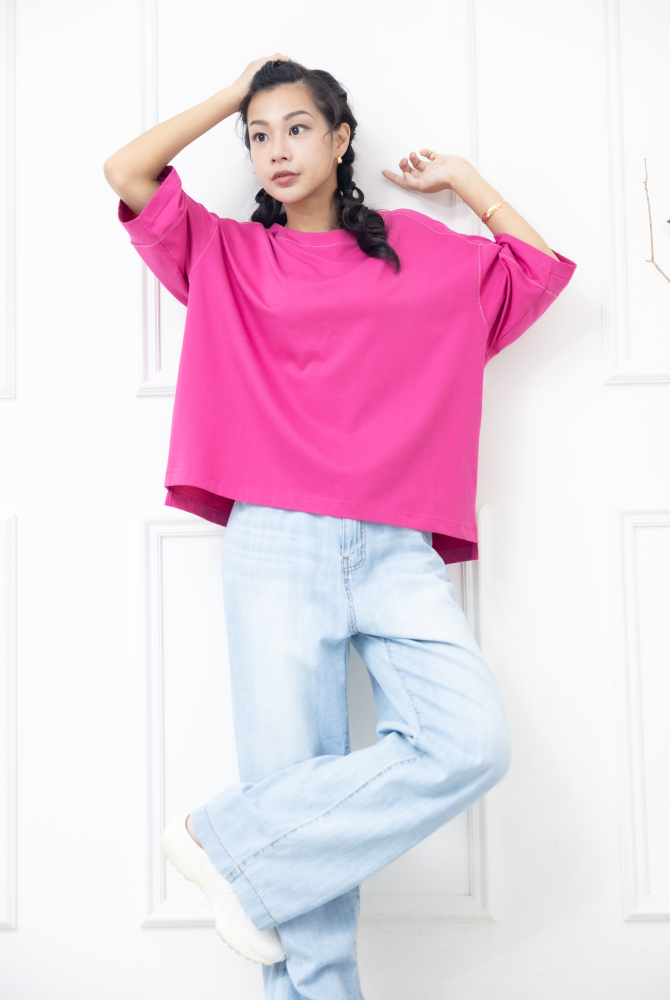긴팔 車縫線休閒七分袖上衣 / 粉色