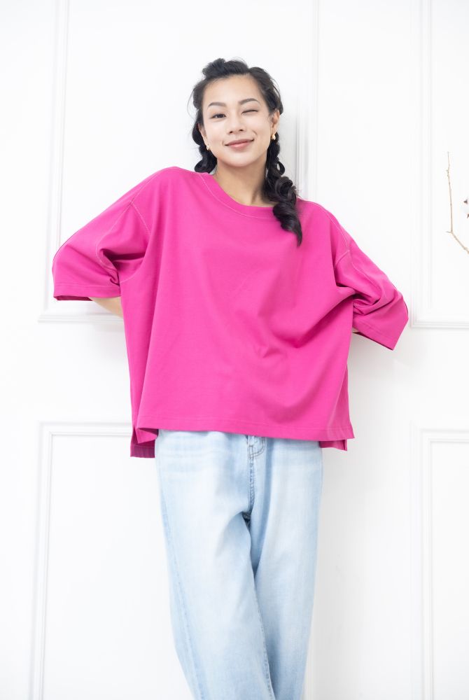 긴팔 車縫線休閒七分袖上衣 / 粉色