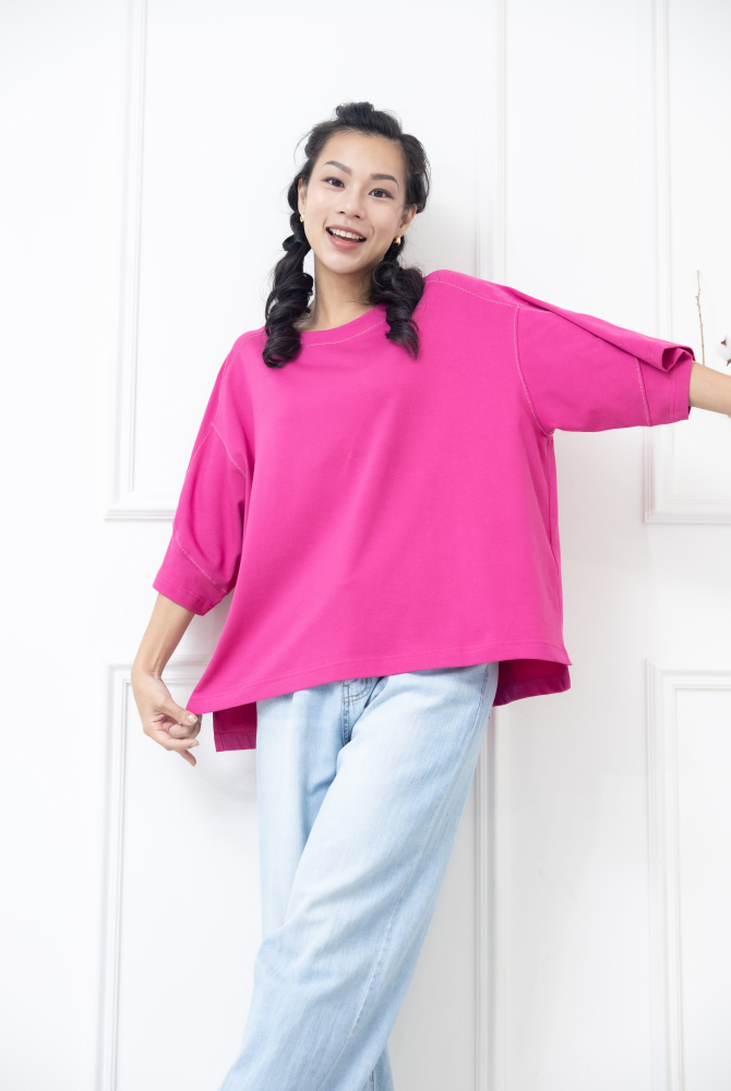 긴팔 車縫線休閒七分袖上衣 / 粉色