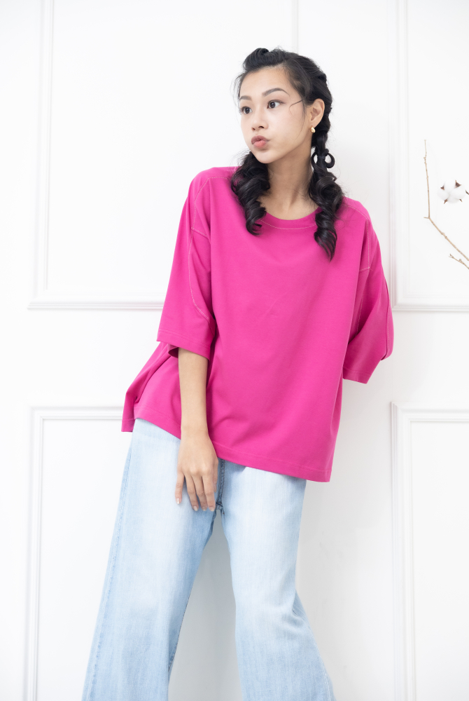 긴팔 車縫線休閒七分袖上衣 / 粉色