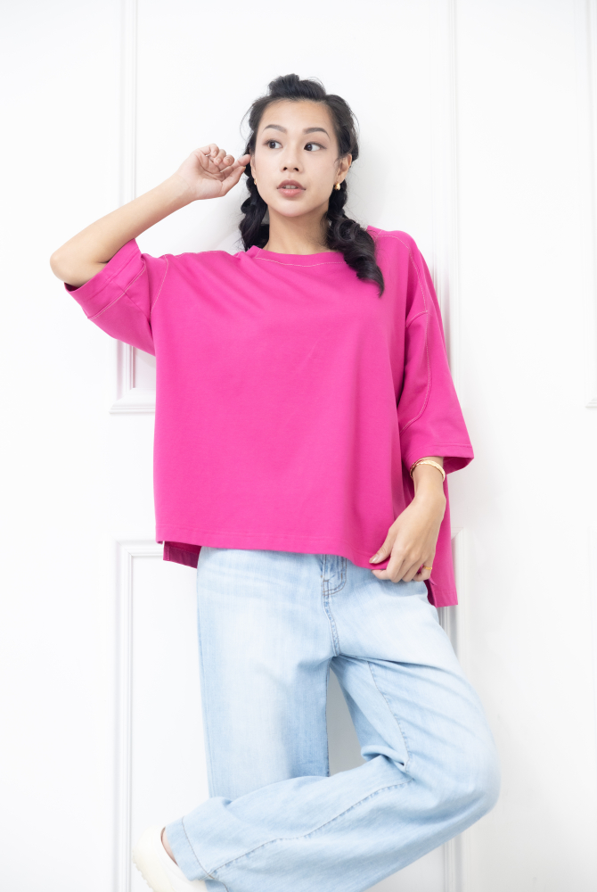 긴팔 車縫線休閒七分袖上衣 / 粉色