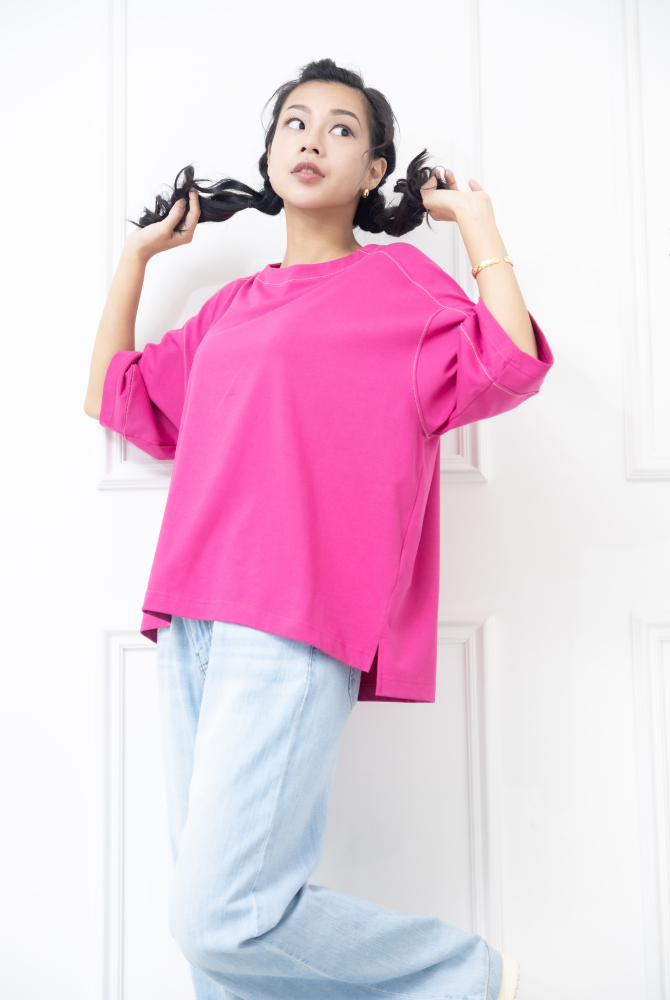 긴팔 車縫線休閒七分袖上衣 / 粉色