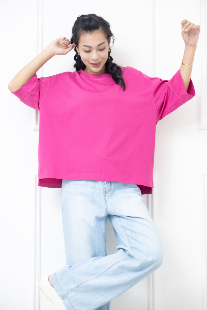 긴팔 車縫線休閒七分袖上衣 / 粉色