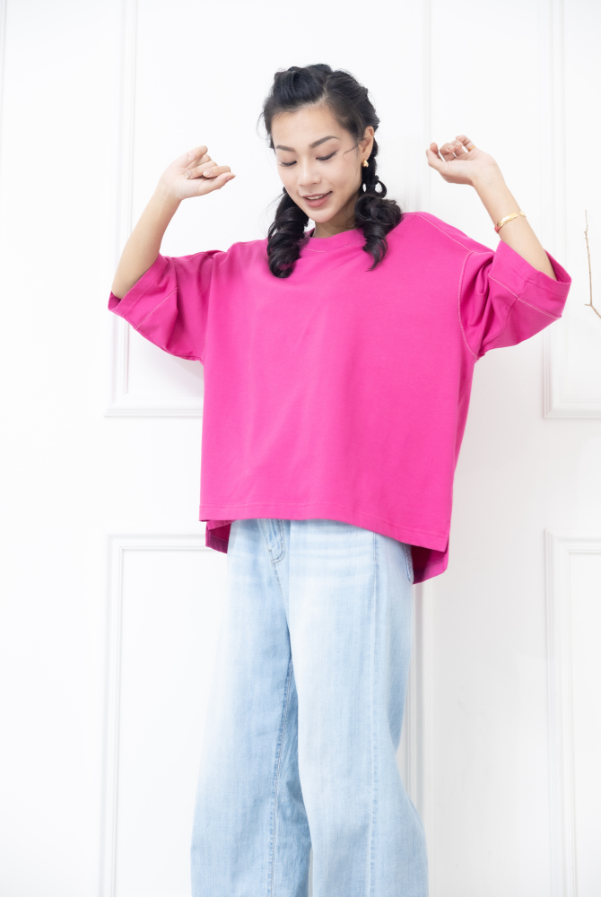 긴팔 車縫線休閒七分袖上衣 / 粉色
