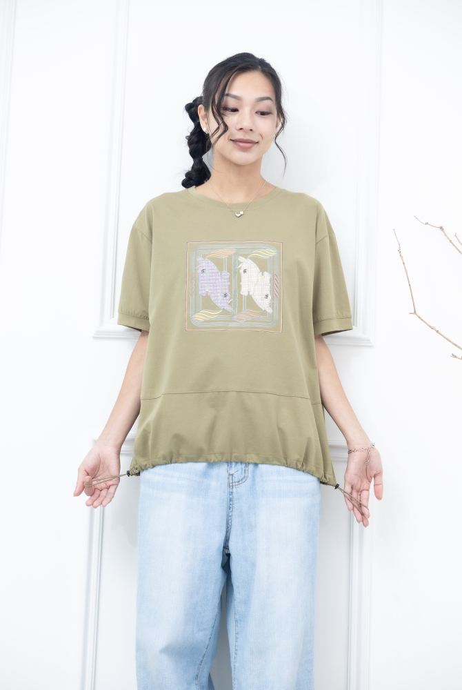 반팔 藝術畫框下擺抽繩上衣 / 綠色