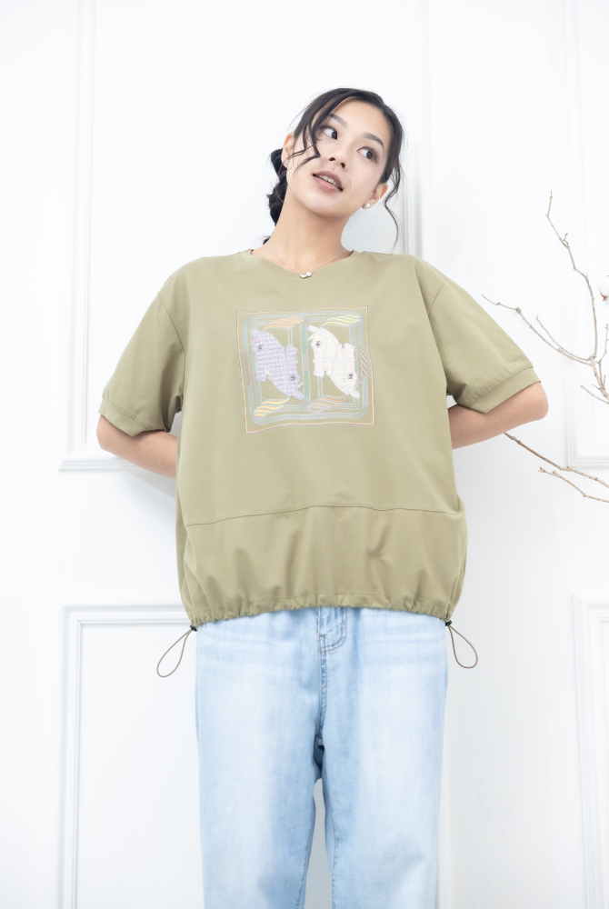 반팔 藝術畫框下擺抽繩上衣 / 綠色